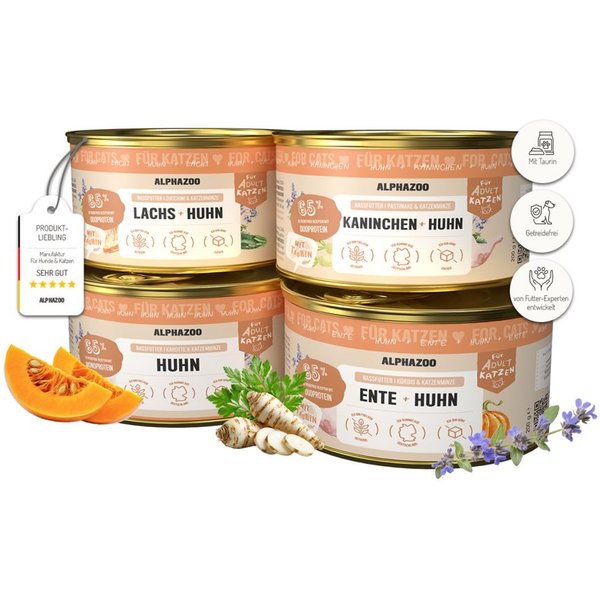 ALPHAZOO Probierschmaus Katze 4x200g, hochwertiges Probierpaket ohne Getreide Zucker, Nassfutter für: Katzen, Mixpaket mit 4 Sorten / Ente, Kaninchen, Lachs & H
