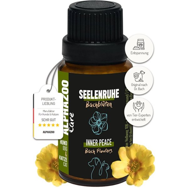 ALPHAZOO Seelenruhe Bachblüten 15g, Globuli - Beruhigung - für Hunde und Katzen, Ergänzungsfutter für: Katzen, Hunde, Perfekt bei Stress, Unruhe und langen Auto