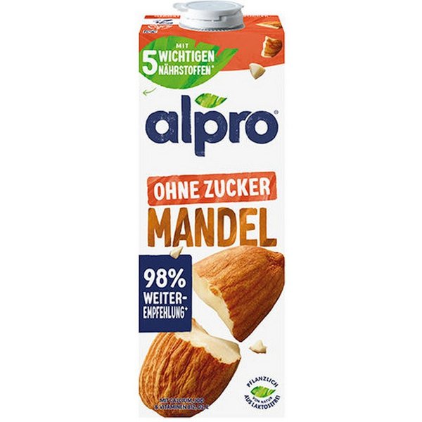 Alpro Pflanzenmilch, Alpro Mandeldrink ohne Zucker geröstet fettarm mit Calcium 1000 ml
