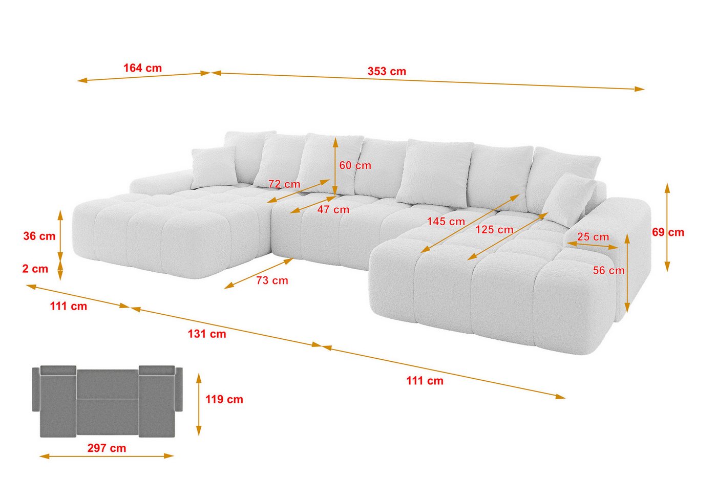 ALTDECOR Wohnlandschaft ENSI-U, Couch mit Schlaffunktion, Wohnzimmer - Wohnlandschaft, Corner Sofa Bett Eckcouch Couch U-Form Schlafcouch 353x164x69 – Bild 4 von 5