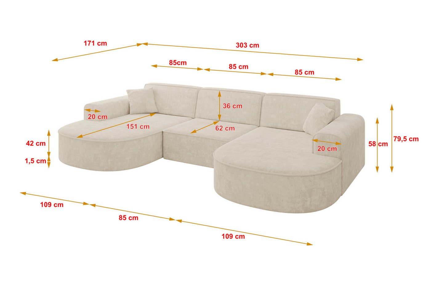 ALTDECOR Wohnlandschaft MARI-U1, Sofa Praktische Bequeme Funktionsecke Couch U-Form Eckcouch, Corner Sofa U-Form Vielseitige Sofa Wohnlandschaft Wohnzimmer – Bild 4 von 5