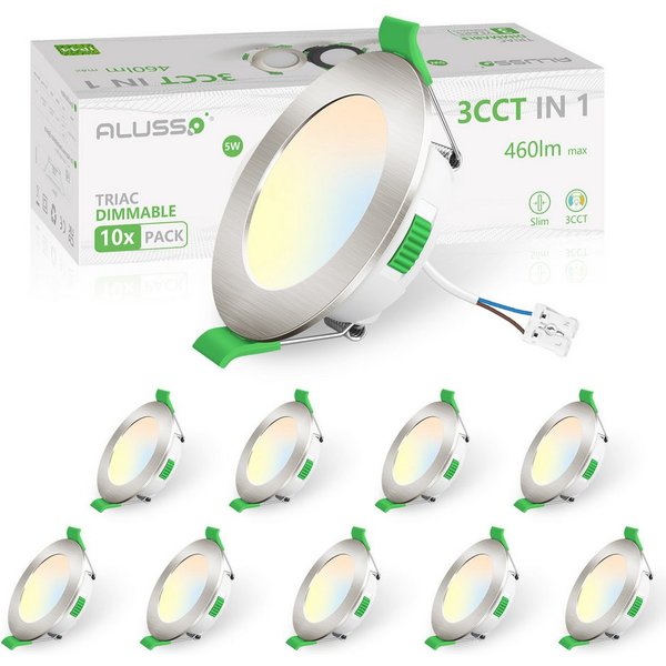 ALUSSO LED Einbaustrahler 10er-Set, 230 V, 68-78 mm, Dimmbar, 5 W, ultraflach, 460 Lm, Warmweiß 3000 K, Neutralweiß 4000 K, Kaltweiß 6500 K, Nickel