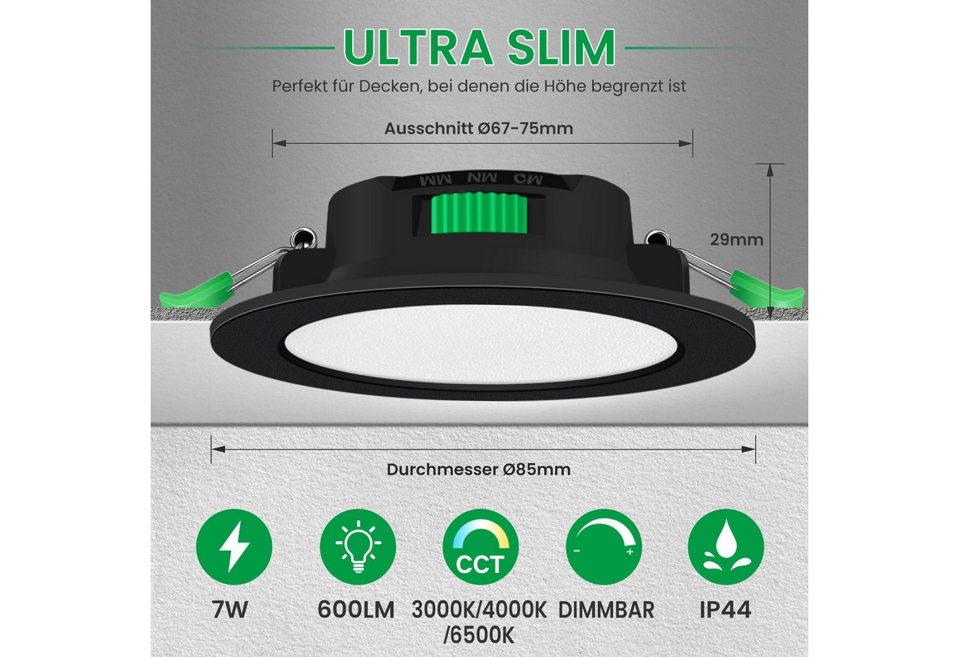 ALUSSO LED Einbaustrahler 6er-Set, 7W Decken Leuchte, 68mm Flach Strahler Dimmbar Spot, Helligkeit von 10 % bis 100 %, Rund, Schwarz – Bild 2 von 5