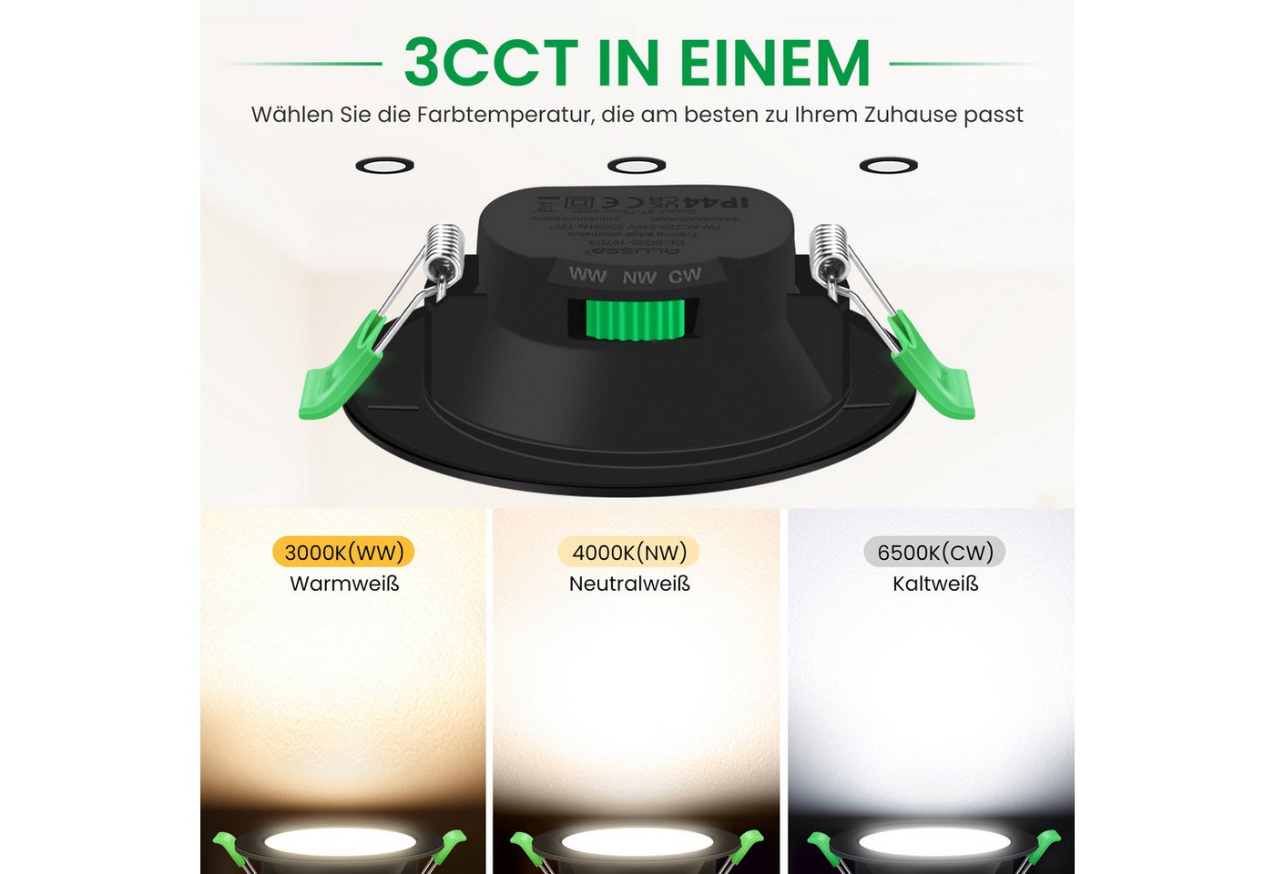 ALUSSO LED Einbaustrahler 6er-Set, 7W Decken Leuchte, 68mm Flach Strahler Dimmbar Spot, Helligkeit von 10 % bis 100 %, Rund, Schwarz – Bild 3 von 5