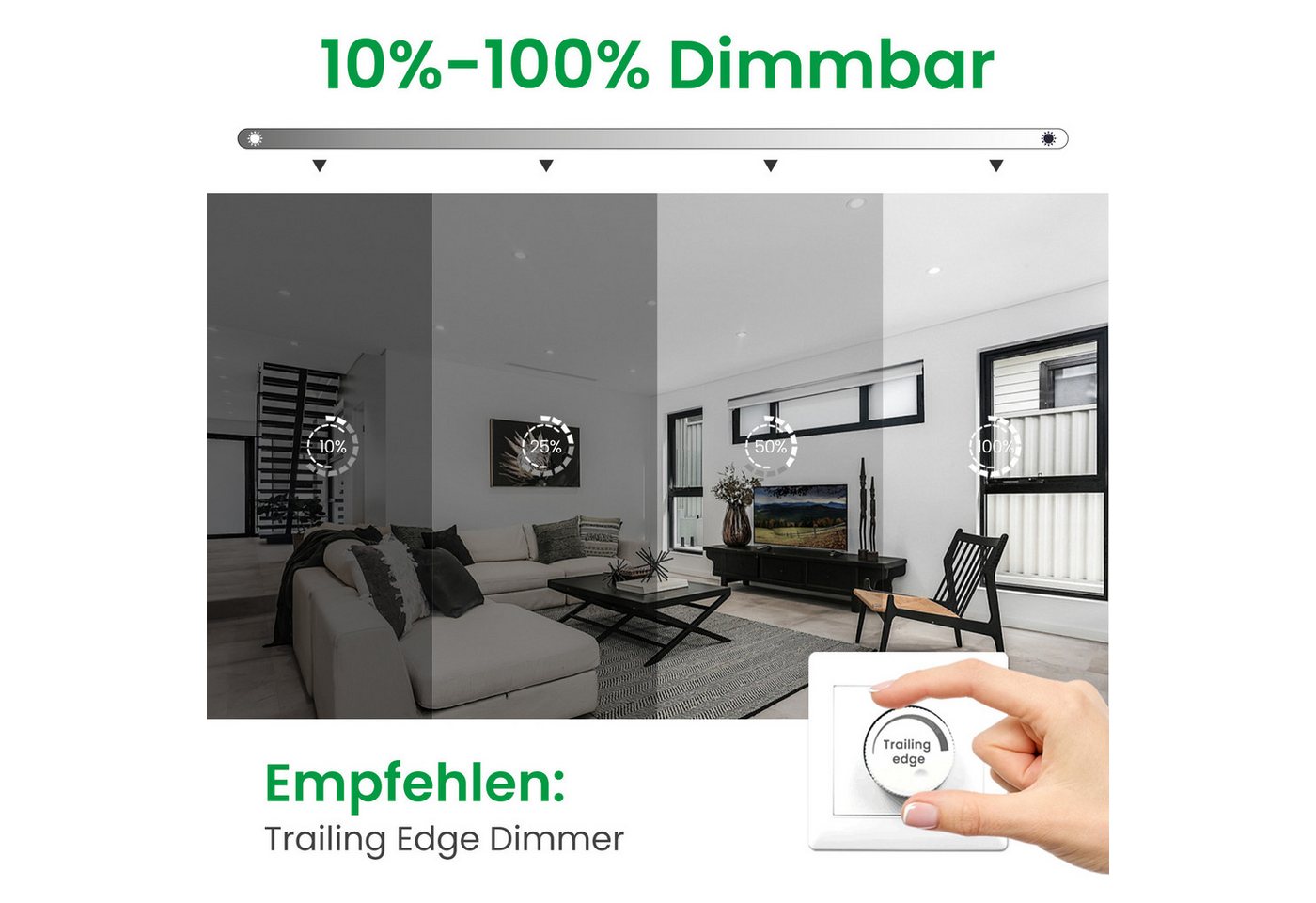 ALUSSO LED Einbaustrahler 6er-Set, 7W Decken Leuchte, 68mm Flach Strahler Dimmbar Spot, Helligkeit von 10 % bis 100 %, Rund, Schwarz – Bild 4 von 5