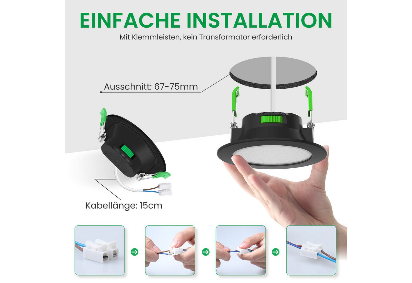 ALUSSO LED Einbaustrahler 6er-Set, 7W Decken Leuchte, 68mm Flach Strahler Dimmbar Spot, Helligkeit von 10 % bis 100 %, Rund, Schwarz – Bild 5 von 5