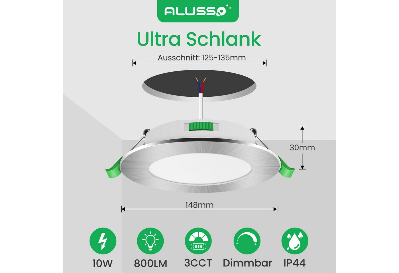 ALUSSO LED Einbaustrahler 6er-Set, Decken Leuchte, Flach Strahler für Bad, Wohnzimmer, 230V, 10W, 125-135 mm, Rund, Nickel – Bild 2 von 5