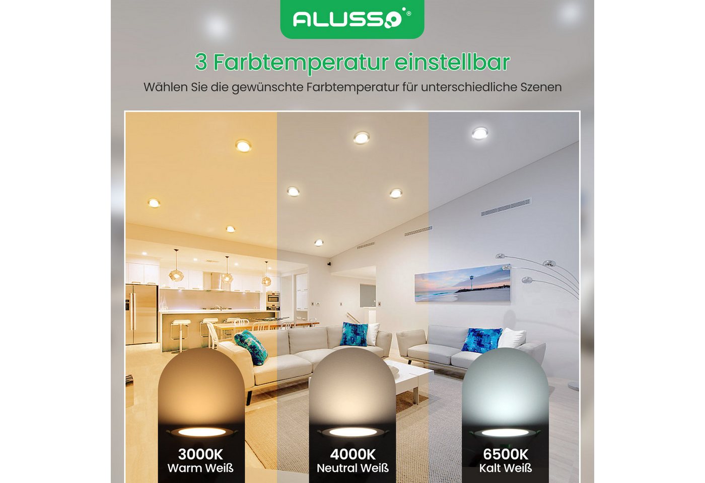 ALUSSO LED Einbaustrahler 6er-Set, Decken Leuchte, Flach Strahler für Bad, Wohnzimmer, 230V, 10W, 125-135 mm, Rund, Nickel – Bild 3 von 5