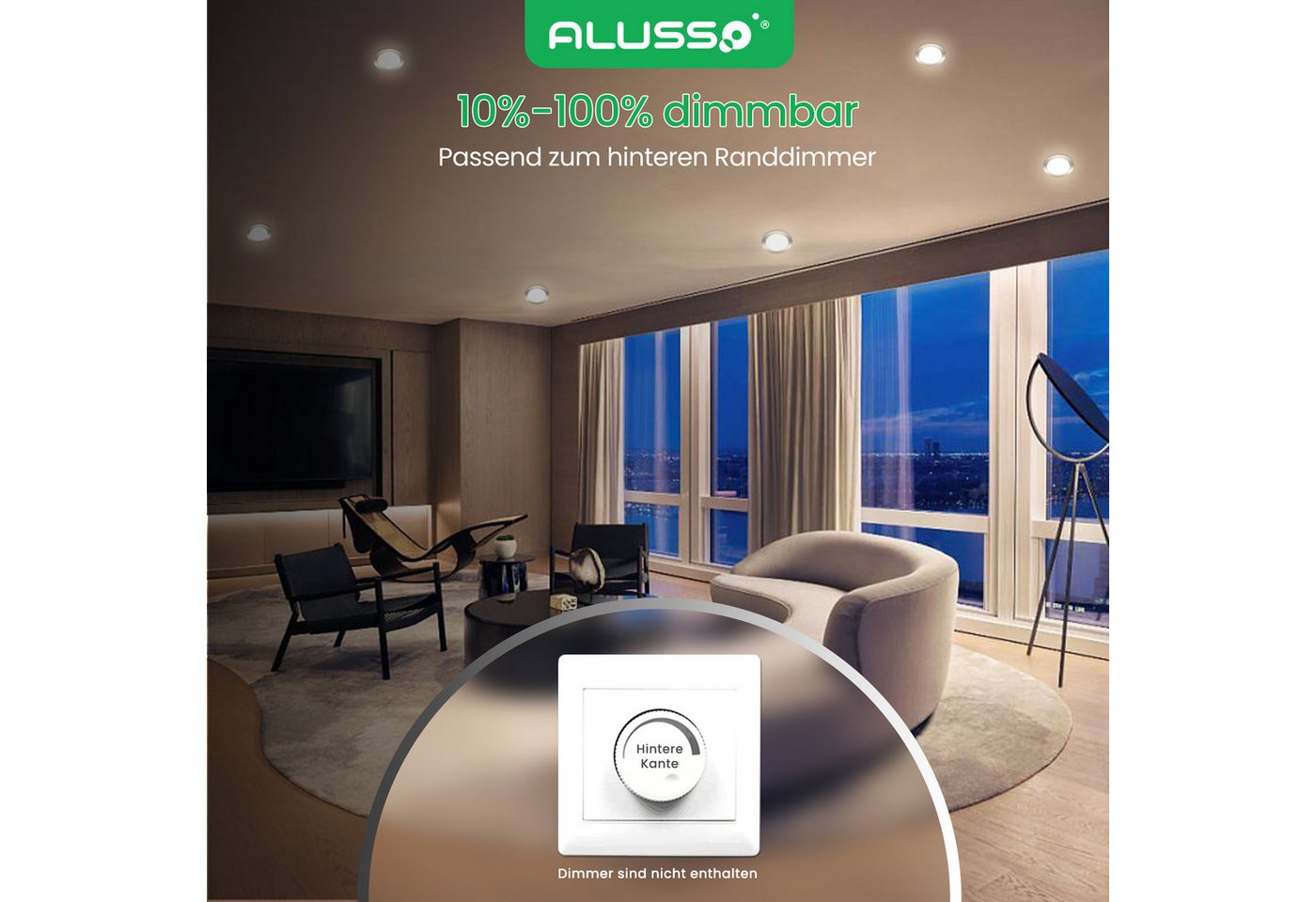 ALUSSO LED Einbaustrahler 6er-Set, Decken Leuchte, Flach Strahler für Bad, Wohnzimmer, 230V, 10W, 125-135 mm, Rund, Nickel – Bild 4 von 5