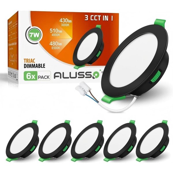 ALUSSO LED Einbaustrahler 6er-Set, Decken Leuchte, Flach Strahler für Bad, Wohnzimmer, 230V, 7W, 90-100 mm, Rund, Schwarz