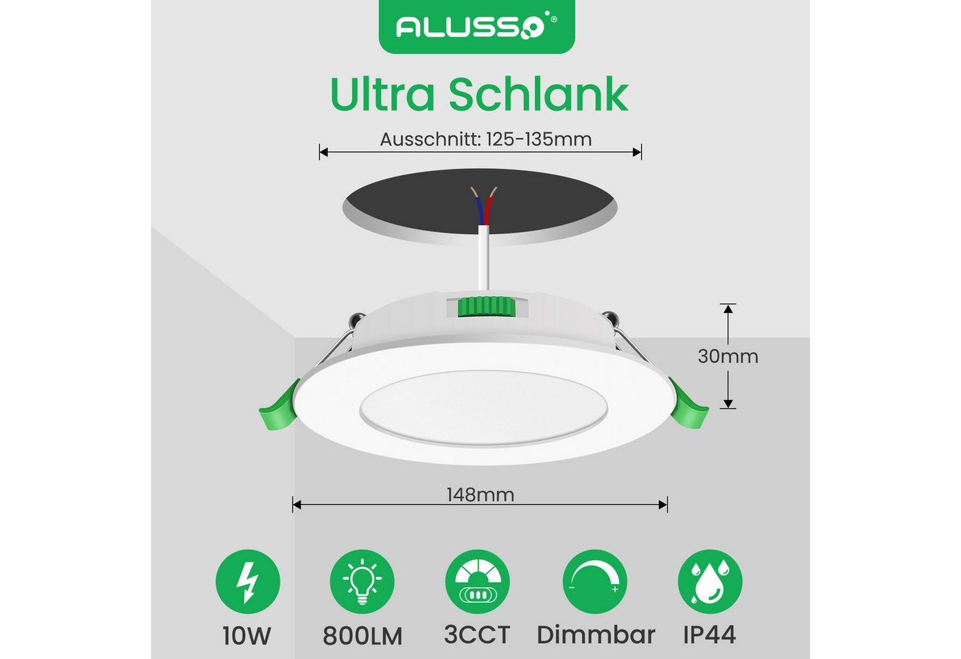 ALUSSO LED Einbaustrahler 6er-Set, Decken Leuchte, Flach Strahler für Bad, Wohnzimmer, 230V, 10W, 125-135 mm, Rund, Weiß – Bild 2 von 5