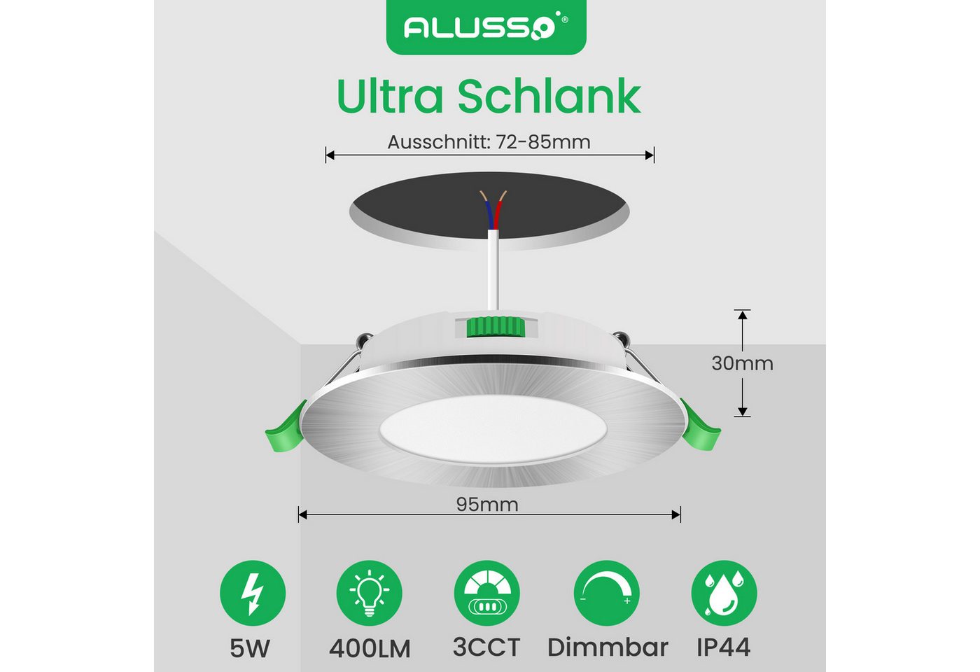 ALUSSO LED Einbaustrahler 6er-Set, Decken Leuchte, Flach Strahler für Bad, Wohnzimmer, 230V, 5W, 72-85 mm, Rund, Nickel – Bild 2 von 5