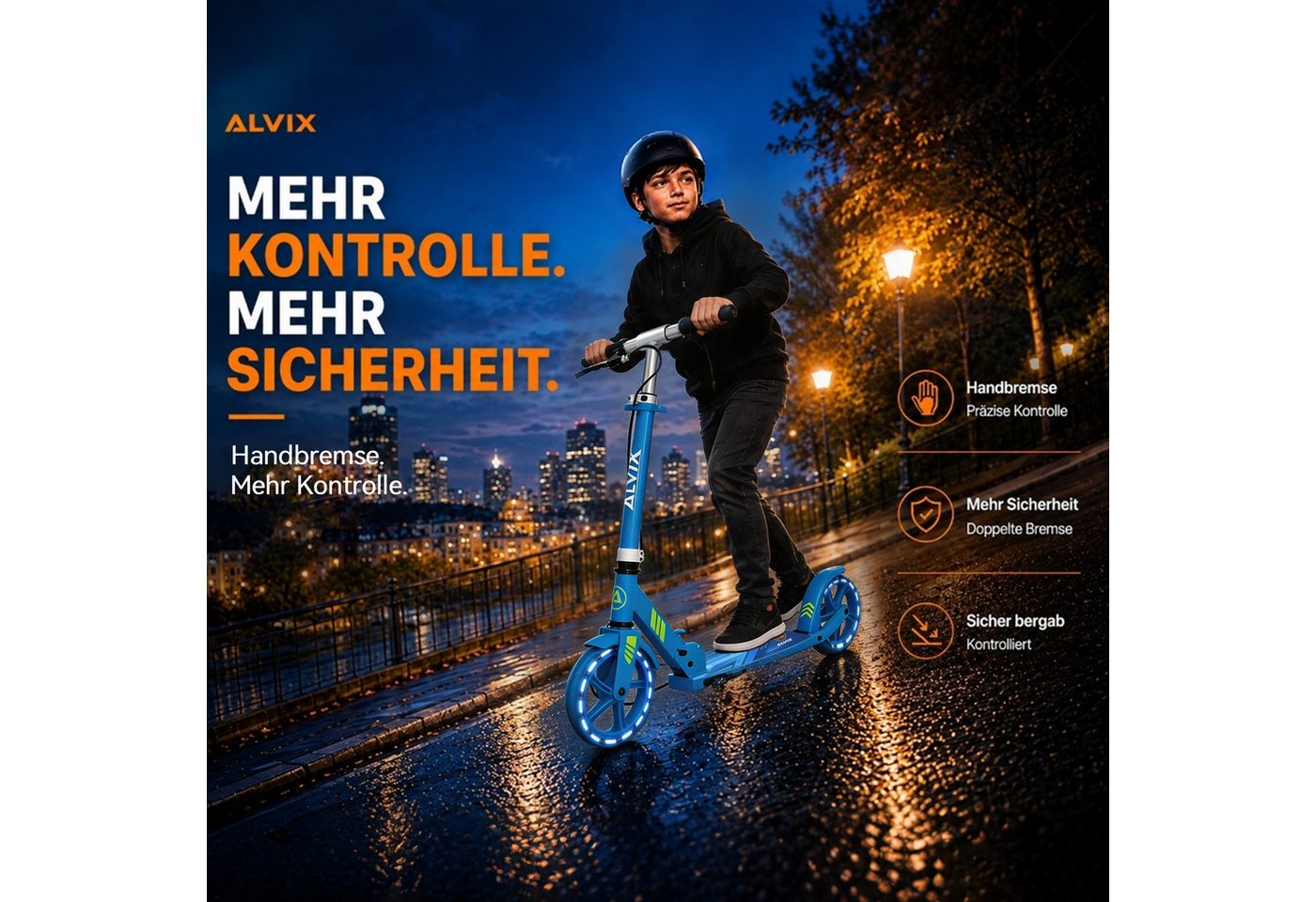 ALVIX Cityroller Kinderroller K-Serie mit Handbremse, (Einzelartikel, 1 Scooter, 1 Tragegurt, 1 Bedienungsanleitung), 200-mm-LED-Räder, breites 120-mm-Deck, fal – Bild 2 von 5