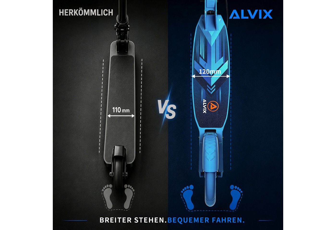 ALVIX Cityroller Kinderroller K-Serie mit Handbremse, (Einzelartikel, 1 Scooter, 1 Tragegurt, 1 Bedienungsanleitung), 200-mm-LED-Räder, breites 120-mm-Deck, fal – Bild 3 von 5