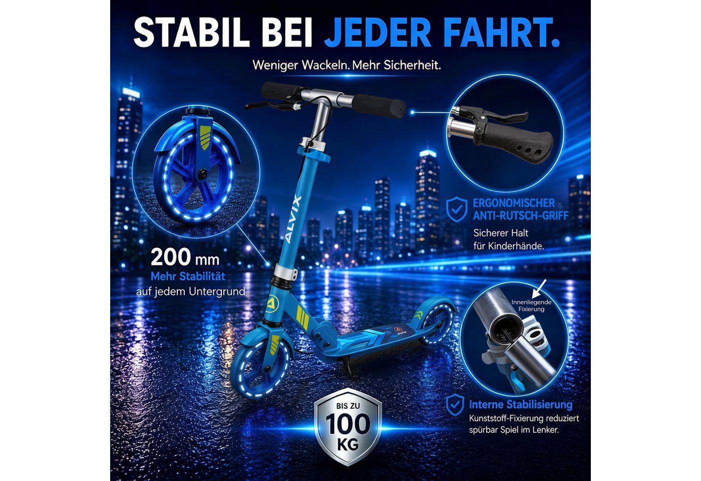 ALVIX Cityroller Kinderroller K-Serie mit Handbremse, (Einzelartikel, 1 Scooter, 1 Tragegurt, 1 Bedienungsanleitung), 200-mm-LED-Räder, breites 120-mm-Deck, fal – Bild 4 von 5