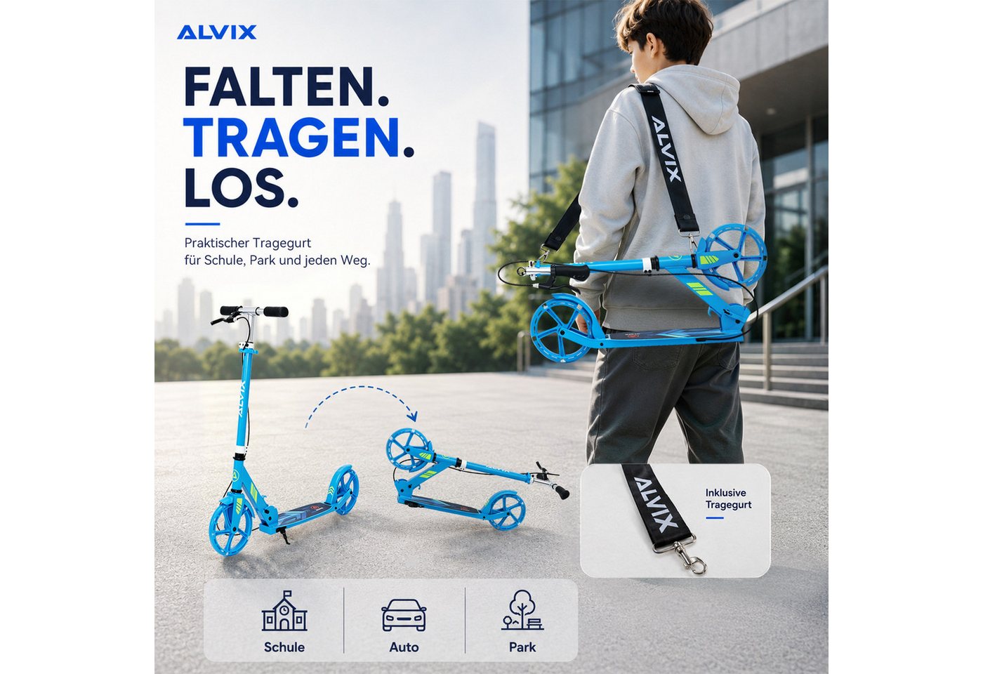 ALVIX Cityroller Kinderroller K-Serie mit Handbremse, (Einzelartikel, 1 Scooter, 1 Tragegurt, 1 Bedienungsanleitung), 200-mm-LED-Räder, breites 120-mm-Deck, fal – Bild 5 von 5