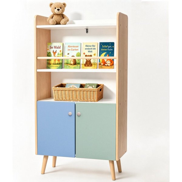 ALVIX Kinderregal NESTA 4, 4-in-1 mit frontaler Buchablage, 2 Türen und Kippschutz