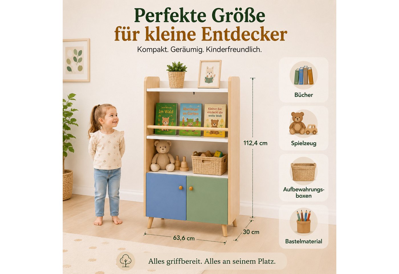 ALVIX Kinderregal NESTA 4, 4-in-1 mit frontaler Buchablage, 2 Türen und Kippschutz – Bild 2 von 5