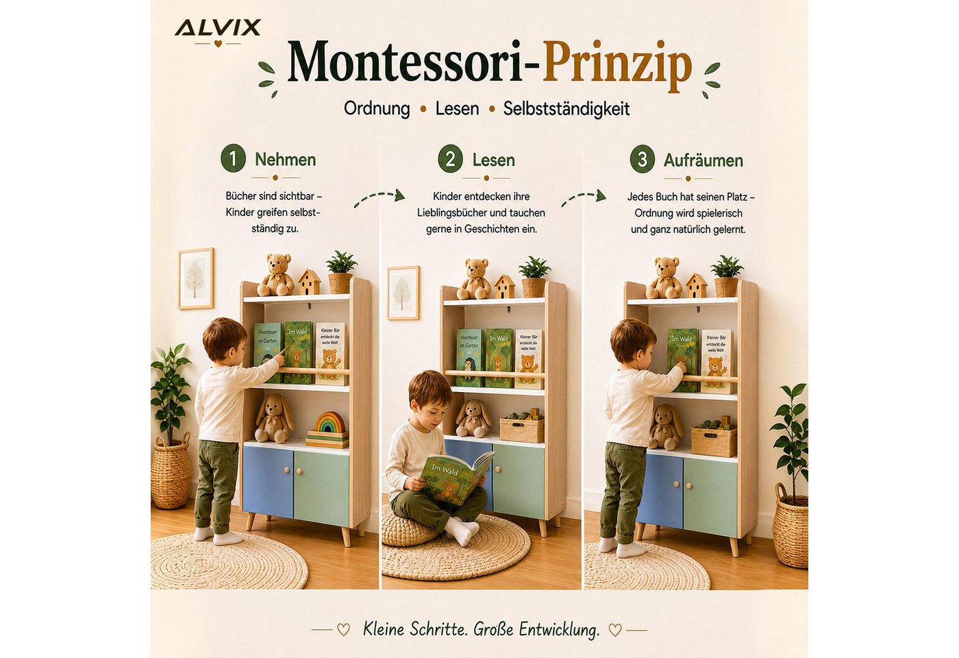 ALVIX Kinderregal NESTA 4, 4-in-1 mit frontaler Buchablage, 2 Türen und Kippschutz – Bild 4 von 5