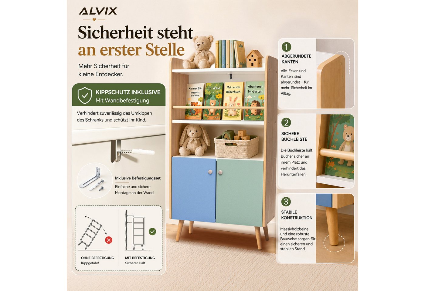ALVIX Kinderregal NESTA 4, 4-in-1 mit frontaler Buchablage, 2 Türen und Kippschutz – Bild 5 von 5