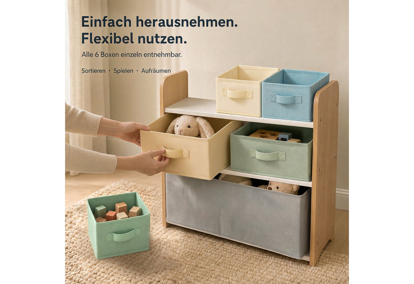 ALVIX Kinderregal NESTA 6, Packung, 6 herausnehmbare Stoffboxen in 3 Größen – Bild 5 von 5