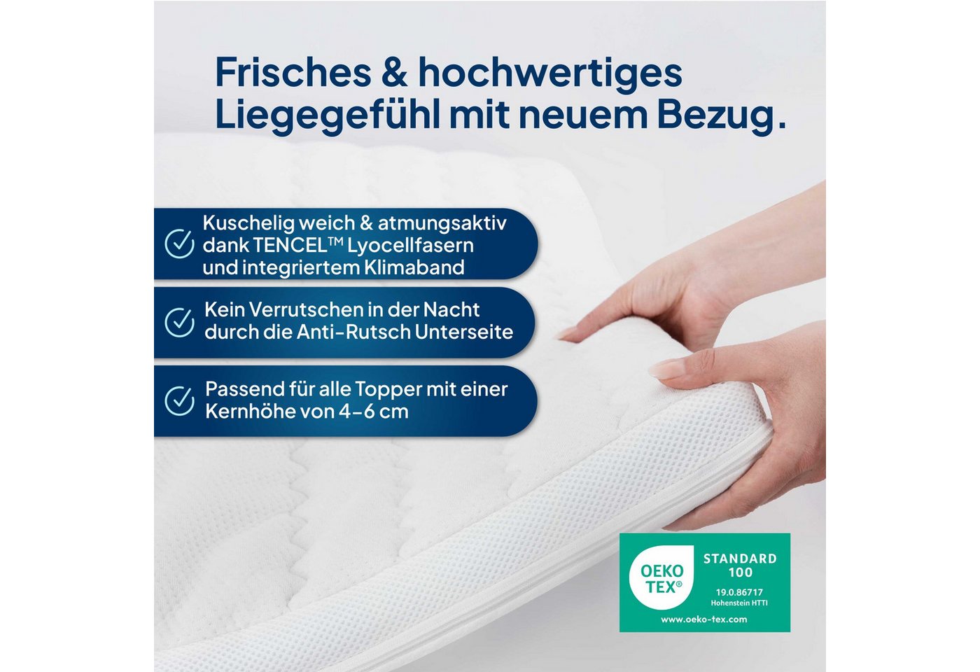 AM Qualitätsmatratzen, Topper Bezug, Atmungsaktiver TENCEL™ Lyocell Topperbezug mit Reißverschluss, 6 cm hoch, TENCEL™ Lyocell, 80x200 cm – Bild 2 von 5