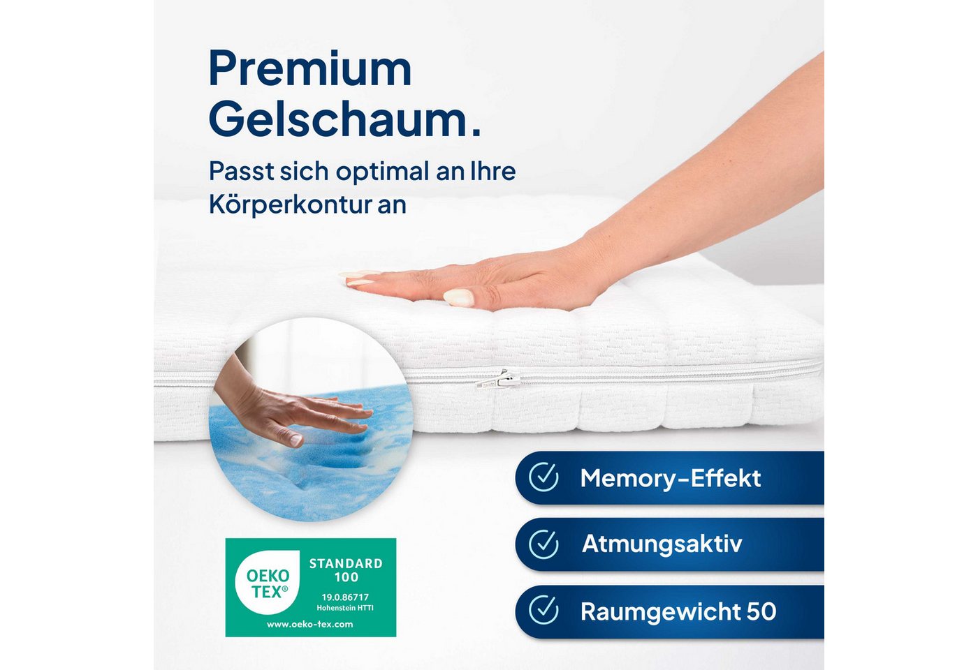 AM Qualitätsmatratzen, Topper für Boxspringbetten H2, Gelschaum-Topper mit 4-seitiger Reißverschluss, 6 cm hoch, Gelschaum, 80x200 cm – Bild 3 von 5