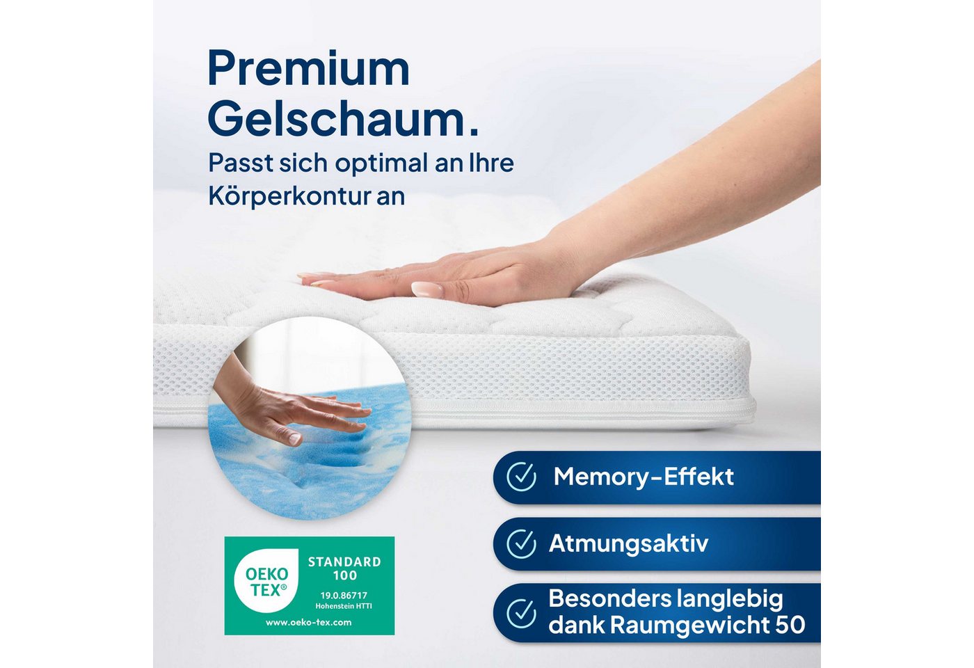 AM Qualitätsmatratzen, Topper Premium Gelschaum-Topper, Memory Foam, 6 cm hoch, 80x200 cm – Bild 3 von 5