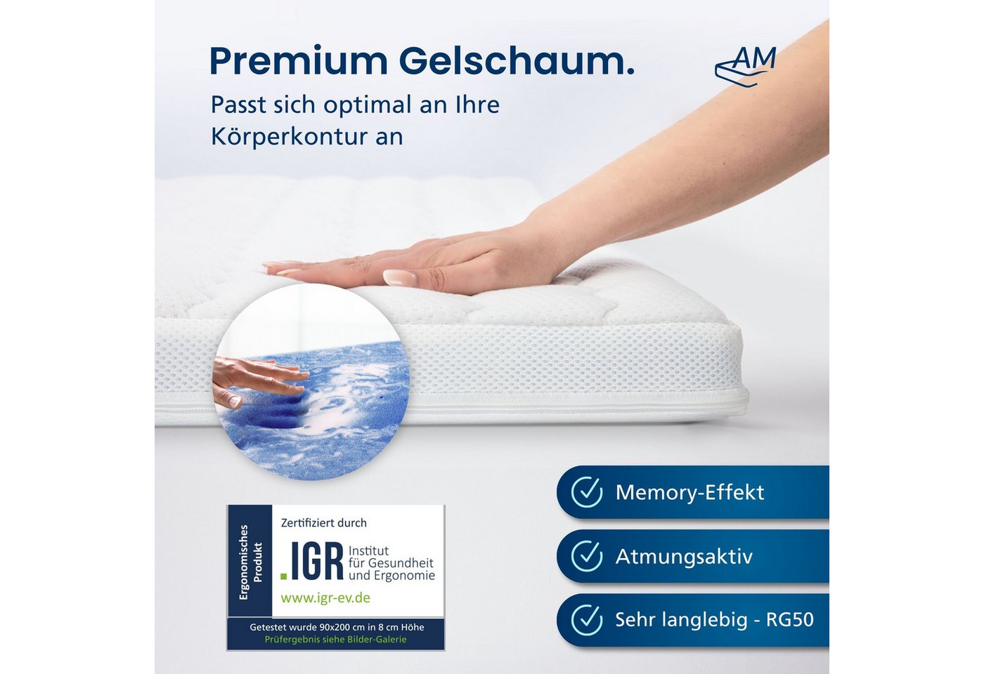 AM Qualitätsmatratzen, Topper 7-Zonen Memory Foam Gelschaum-Topper, Optimale Druckentlastung, RG50, 8 cm hoch, Gelschaum, 80x200 cm – Bild 3 von 5