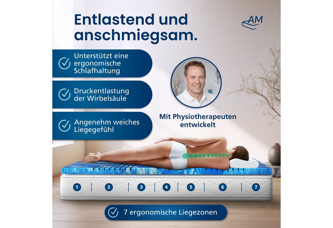 AM Qualitätsmatratzen, Topper 7-Zonen Memory Foam Gelschaum-Topper, Optimale Druckentlastung, RG50, 8 cm hoch, Gelschaum, 80x200 cm – Bild 4 von 5