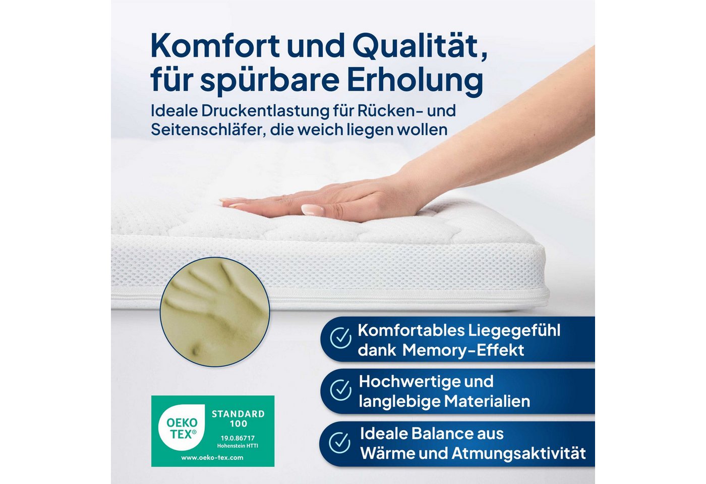 AM Qualitätsmatratzen, Topper Viscoschaum, Premium Visco-Topper, Memory Foam, Druckentlastend, 6 cm hoch, Viscoschaum (6cm), 80x200 cm – Bild 4 von 5