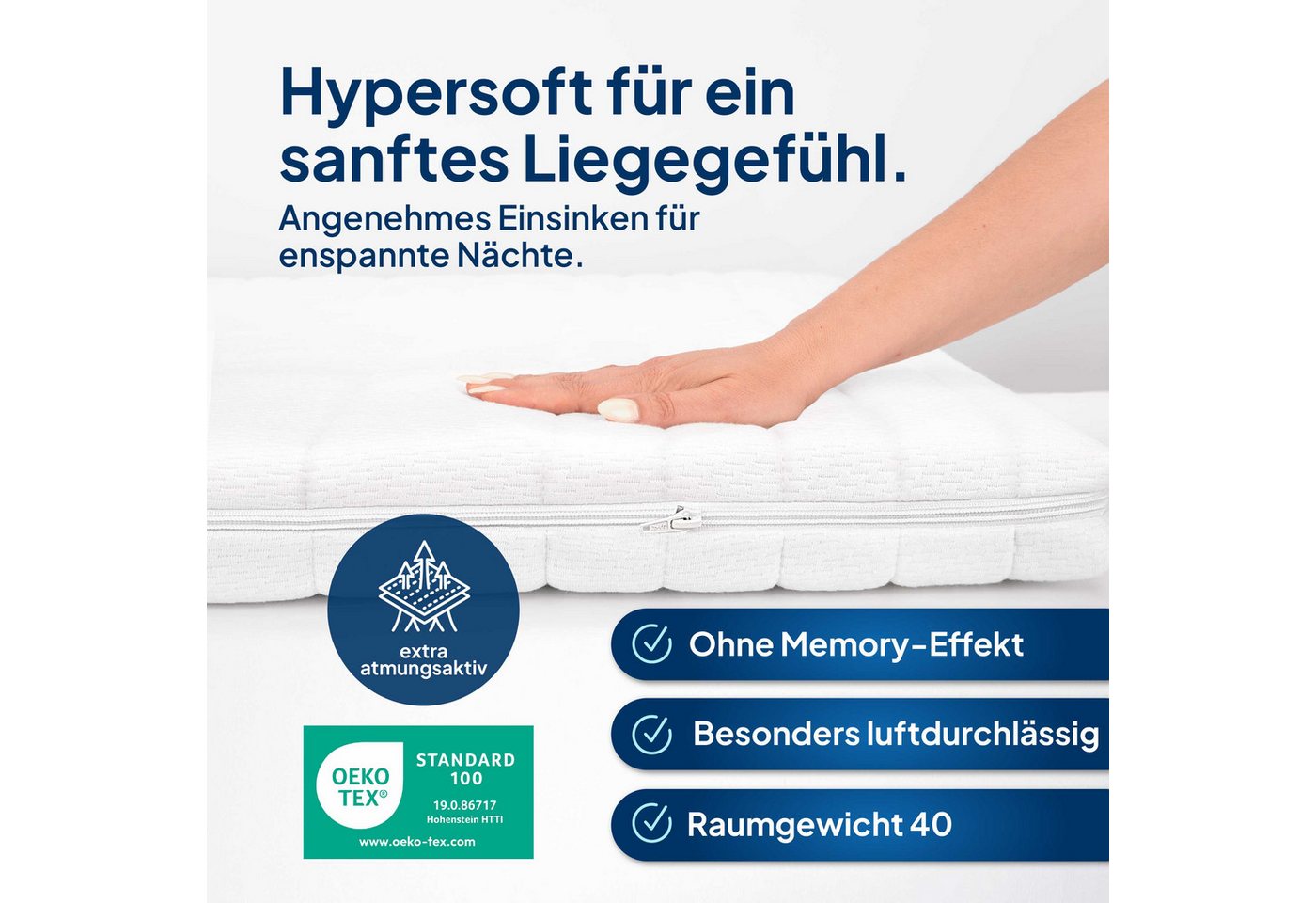 AM Qualitätsmatratzen, Topper für Boxspringbett, Druckentlastend, Matratzenauflage, Reißverschluss, 6 cm hoch, ClimaFlex-Schaum, 80x200 cm – Bild 4 von 5