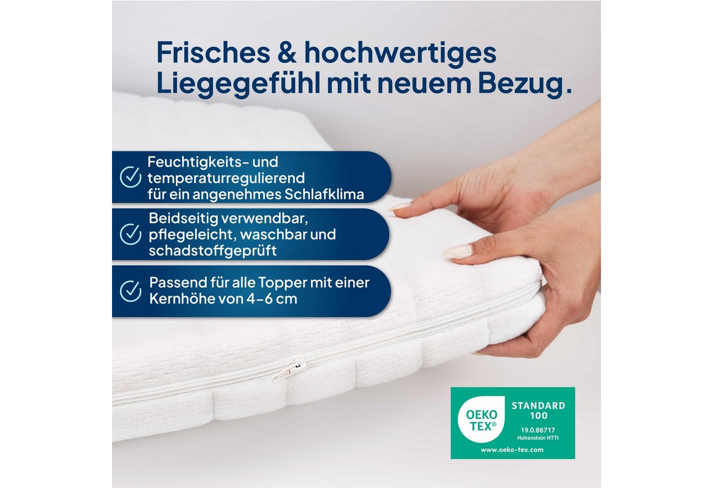 AM Qualitätsmatratzen, Topper Bezug, Komfort Topperbezug mit Reißverschluss, Bis 60° Waschbar, 6 cm hoch, Komfort, 80x200 cm – Bild 2 von 5
