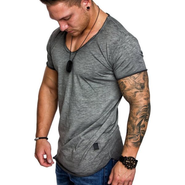 Amaci&Sons T-Shirt NYC Basic Oversize T-Shirt mit V-Ausschnitt Herren Oversize Vintage Verwaschen V-Ausschnitt Shirt