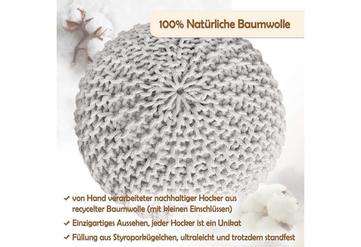 Amagohome Sitzhocker Sitzpouf Strickhocker Pouf Ø45 H30cm Bodenkissen Indoor Baumwolle recy – Bild 2 von 5