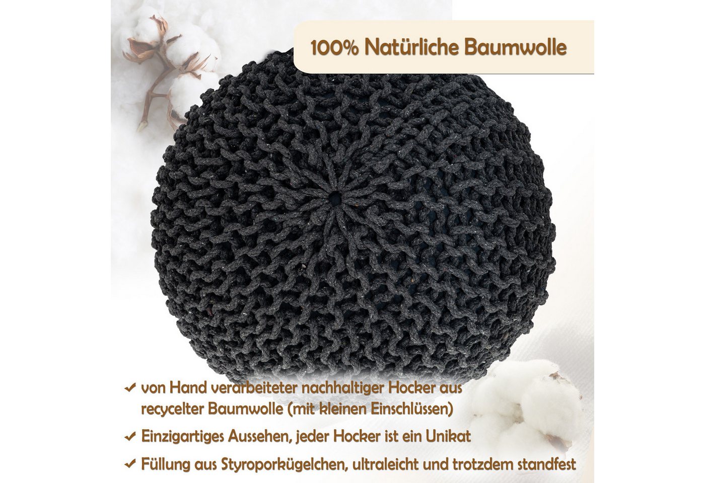 Amagohome Sitzhocker Sitzpouf Strickhocker Pouf Ø45 H30cm Bodenkissen Indoor Baumwolle recy – Bild 2 von 5