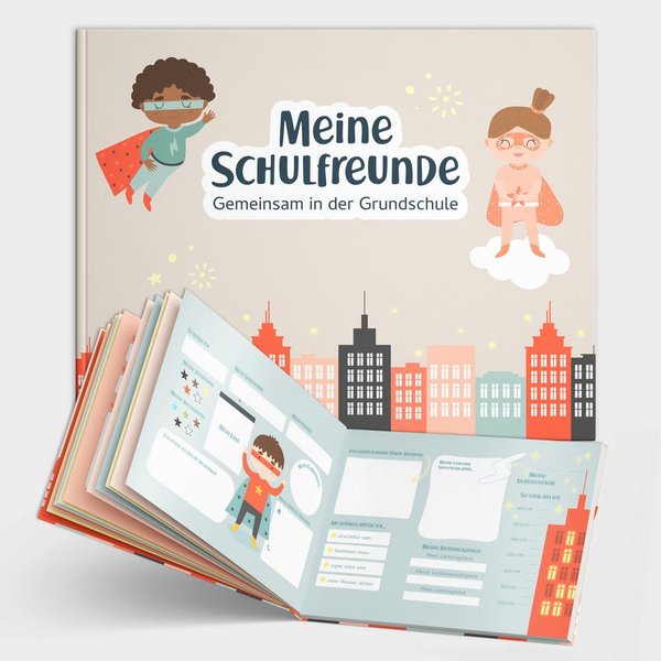 Amari Freundebuch Schulfreunde Superhelden, Grundschule Hardcover, Platz für 24 Freunde, Geschenk zur Einschulung für Jungen & Mädchen ab 6, Schultüte