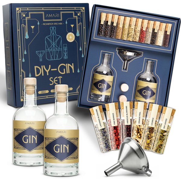 Amari Geschenkbox Gin selber machen Set, DIY Gin Baukasten mit 12 Botanicals (Gin Kit mit Anleitung & Rezeptideen, Wacholderbeeren, Kardamom, Lavendel, Hibiskus