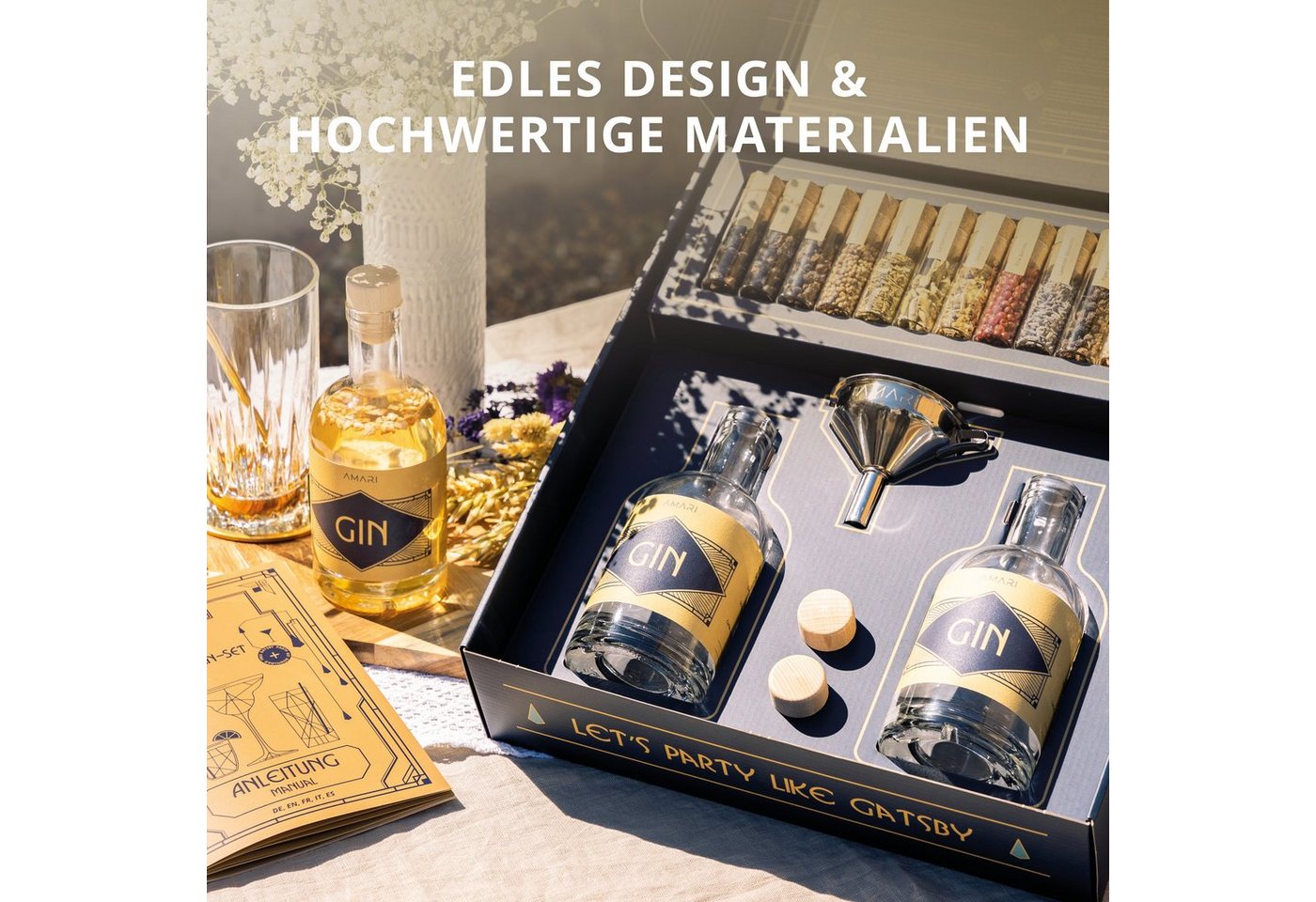 Amari Geschenkbox Gin selber machen Set, DIY Gin Baukasten mit 12 Botanicals (Gin Kit mit Anleitung & Rezeptideen, Wacholderbeeren, Kardamom, Lavendel, Hibiskus – Bild 2 von 5