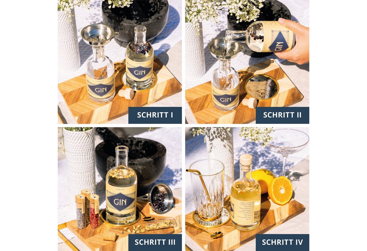 Amari Geschenkbox Gin selber machen Set, DIY Gin Baukasten mit 12 Botanicals (Gin Kit mit Anleitung & Rezeptideen, Wacholderbeeren, Kardamom, Lavendel, Hibiskus – Bild 3 von 5