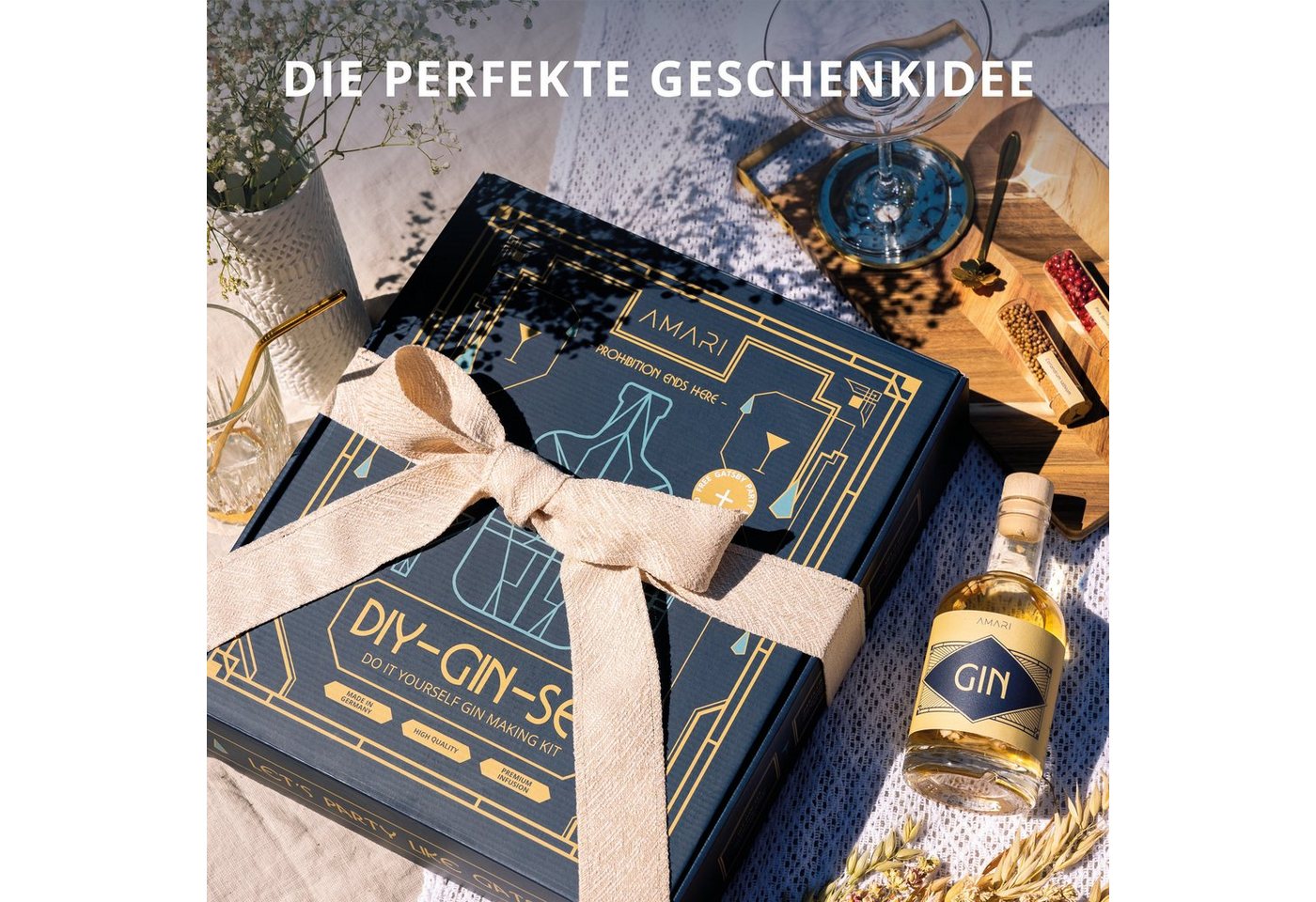Amari Geschenkbox Gin selber machen Set, DIY Gin Baukasten mit 12 Botanicals (Gin Kit mit Anleitung & Rezeptideen, Wacholderbeeren, Kardamom, Lavendel, Hibiskus – Bild 5 von 5