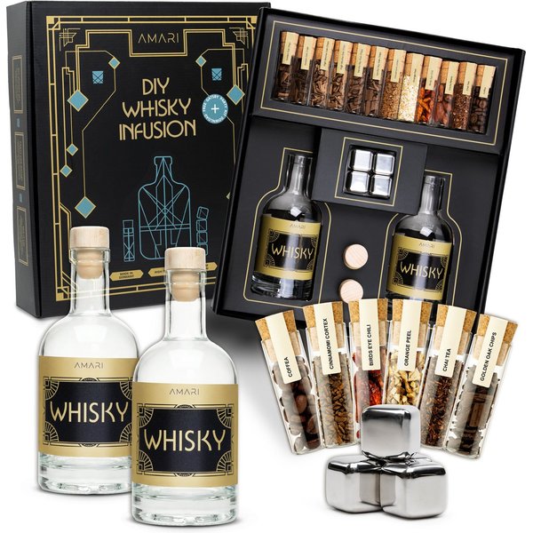 Amari Geschenkbox Whisky selber machen Set, DIY Whisky Baukasten mit Botanicals (Infusion Set mit Rezeptideen, 3 Sorten Eichenholzchips, 6 Botanicals, 2 Flasche