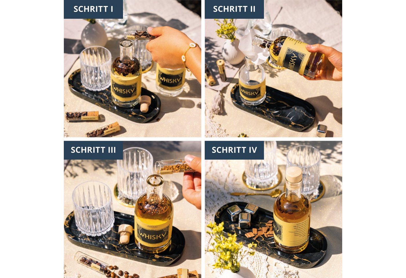 Amari Geschenkbox Whisky selber machen Set, DIY Whisky Baukasten mit Botanicals (Infusion Set mit Rezeptideen, 3 Sorten Eichenholzchips, 6 Botanicals, 2 Flasche – Bild 3 von 5