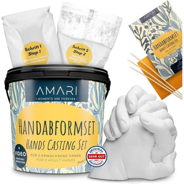 Amari Handabdruck-Set Geschenkidee für Paare, Familie & Freundin - 3D Gipsabdruck, Komplettset, 1 Abdruck für 2 Hände, inkl. Videoanleitung, Geschenk zu Valenti