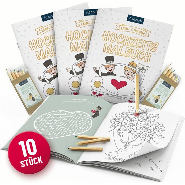 Amari Malvorlage Hochzeitsmalbuch Kinder 10er Set mit Buntstiften, Gastgeschenk (Malbuch-Set, 10 Malbücher à 18 Seiten & 10 Stiftesets in 6 Farben), Ausmalbilde