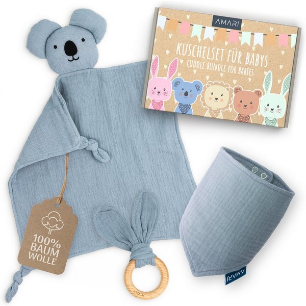 Amari Schmusetuch Bär, Löwe oder Koala, Babygeschenk zur Geburt für Mädchen und Jungen, (Geschenkset, 3-tlg., Schmusetuch, Halstuch, Beißring aus Holz), Musseli