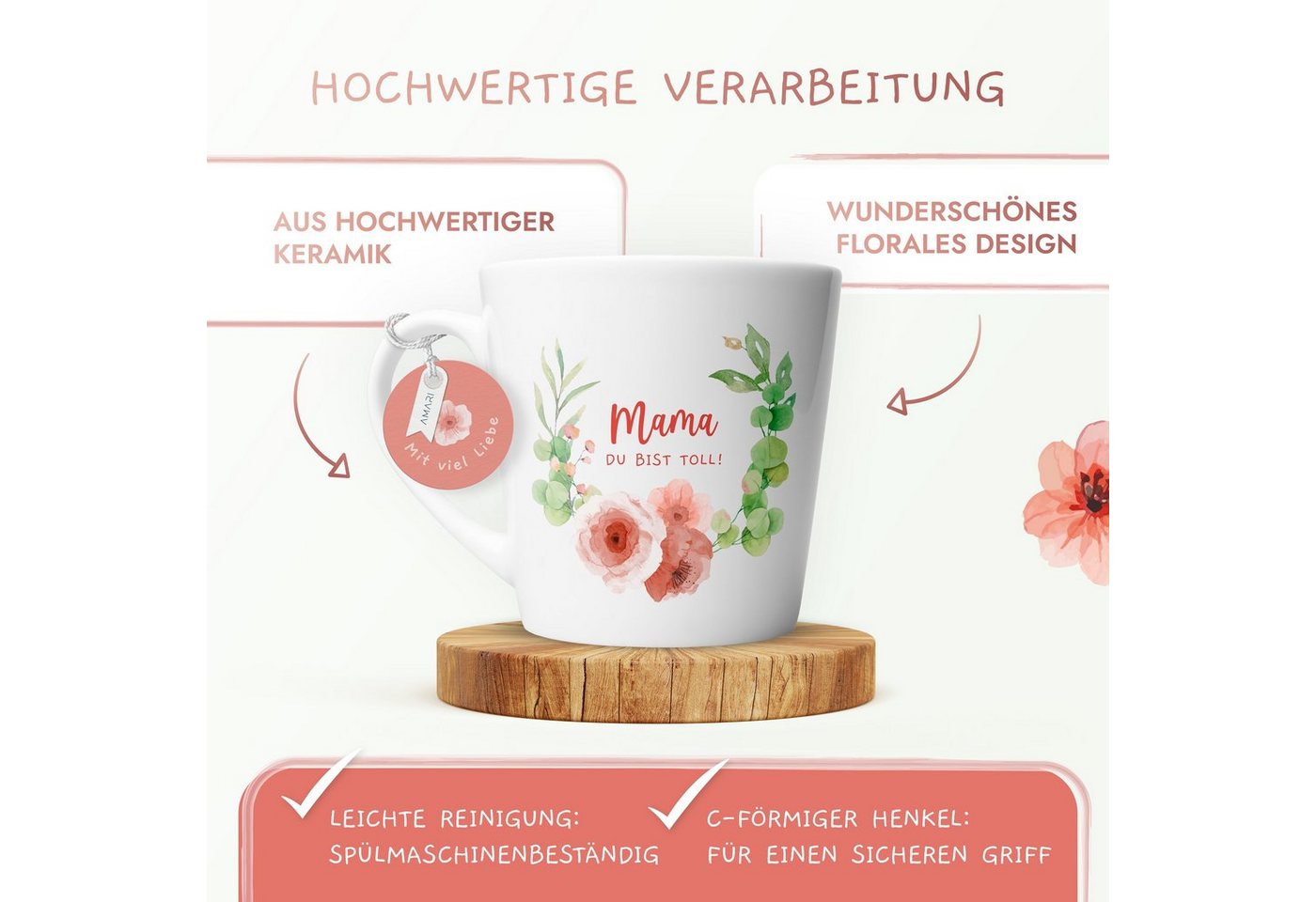 Amari Tasse Beste Mama Spruch, Geschenk Mama Muttertag von Tochter & Sohn, 1-tlg., Keramik, Kaffeetasse Teetasse 330 ml Geschenkbox Muttertag Geburtstag – Bild 3 von 5