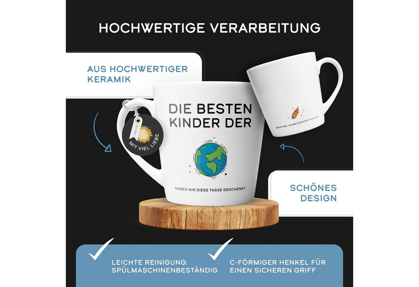 Amari Tasse Bester Papa Spruch, Geschenk Papa Vatertag von Tochter & Sohn, 1-tlg., Keramik, Kaffeetasse Teetasse 330 ml Geschenkbox Vatertag Geburtstag – Bild 3 von 5
