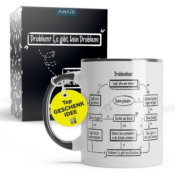 Amari Tasse Problemlöser Spruch, lustige Geschenkidee Kollege Kollegin Chef Nr.20, Kaffeetasse Teetasse Bürotasse 330 ml Geschenkbox Geburtstag