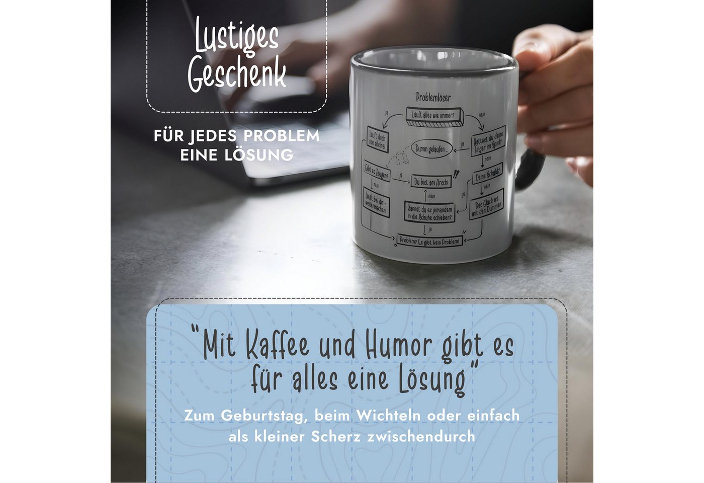 Amari Tasse Problemlöser Spruch, lustige Geschenkidee Kollege Kollegin Chef Nr.20, Kaffeetasse Teetasse Bürotasse 330 ml Geschenkbox Geburtstag – Bild 2 von 5